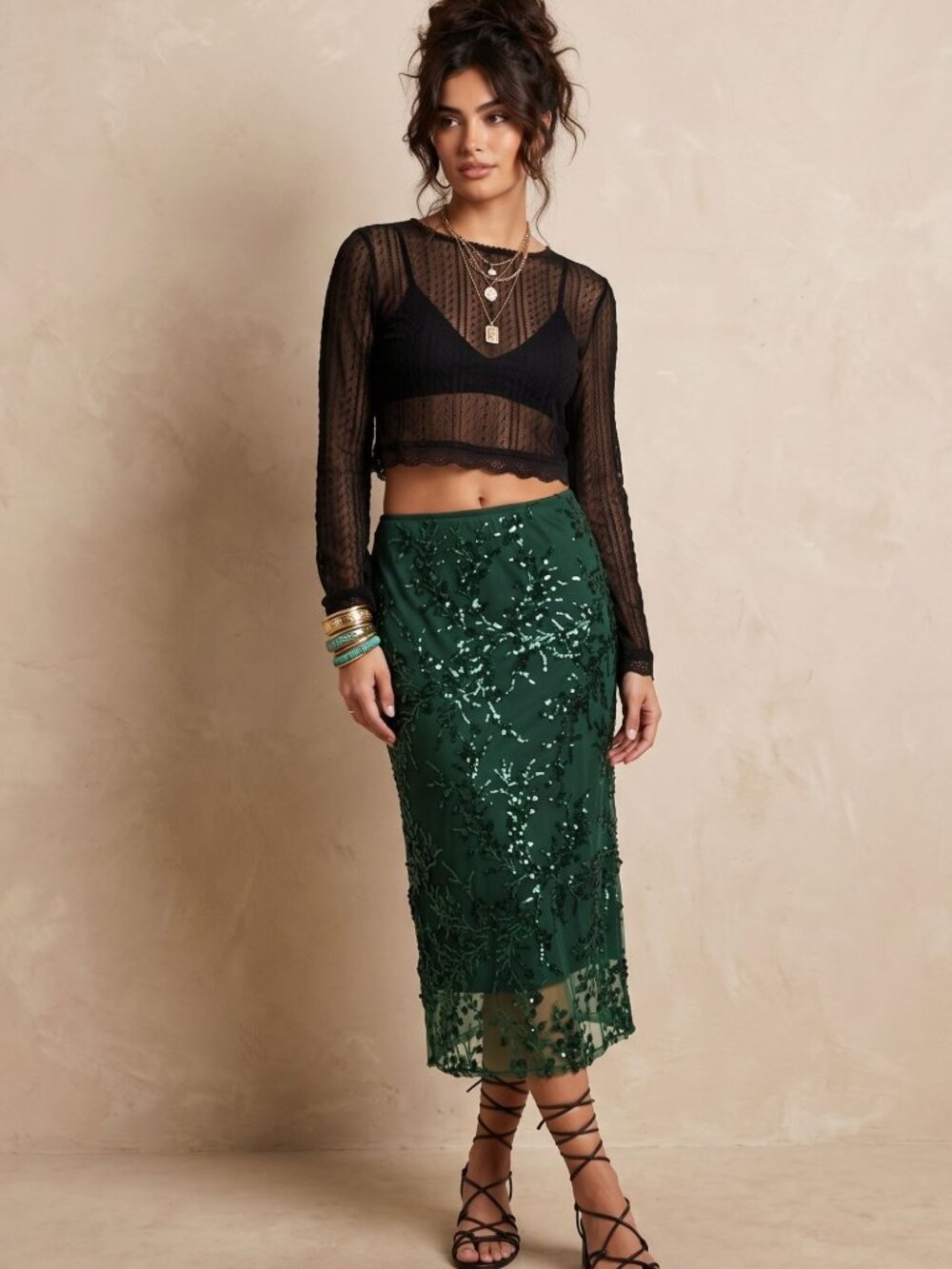 Reformation Green Midi Skirt Size 10 Whimsy Glam Embroidered Sequin Elegant - Picture 8 of 13